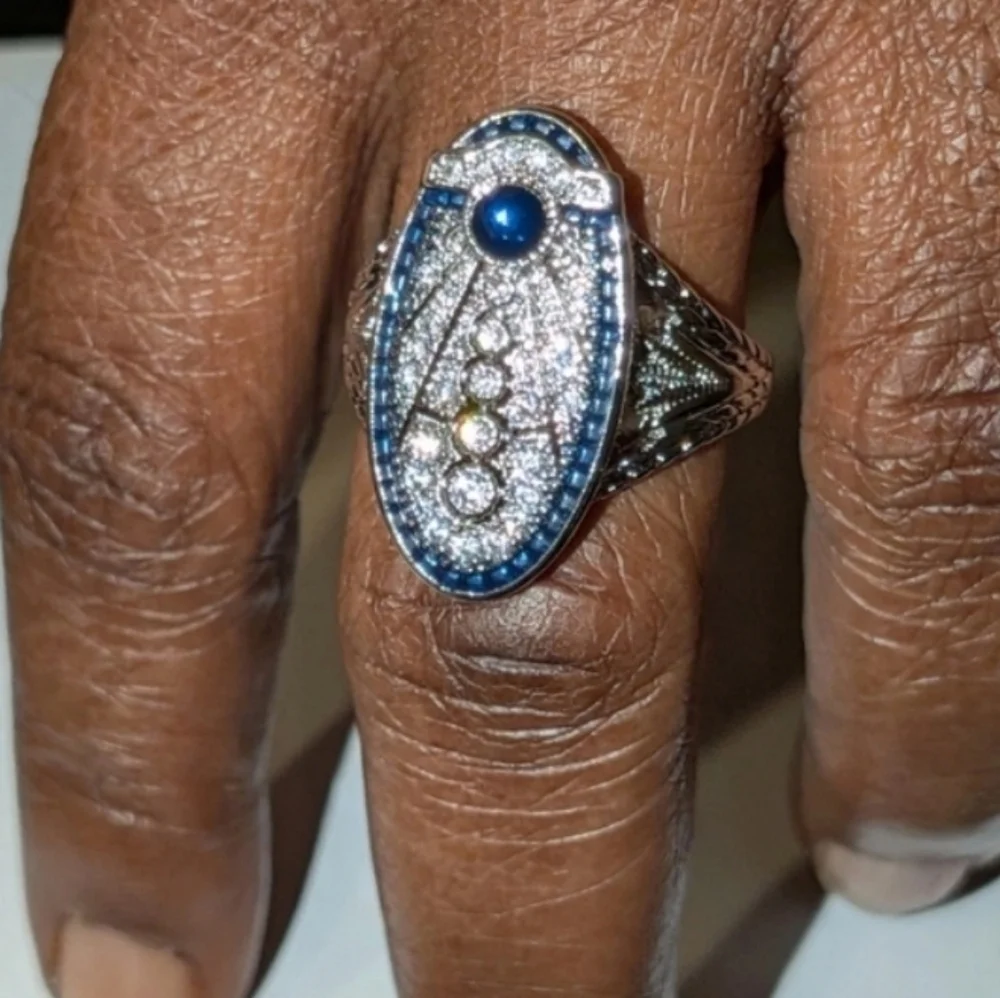Art Deco Style Lab Created diamond Sapphire Wedding 14k White Gold Plated Sz 10